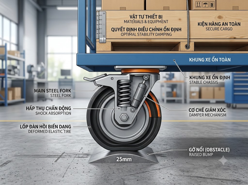 Bánh xe đẩy giảm rung giúp cải thiện môi trường vận hành như thế nào?