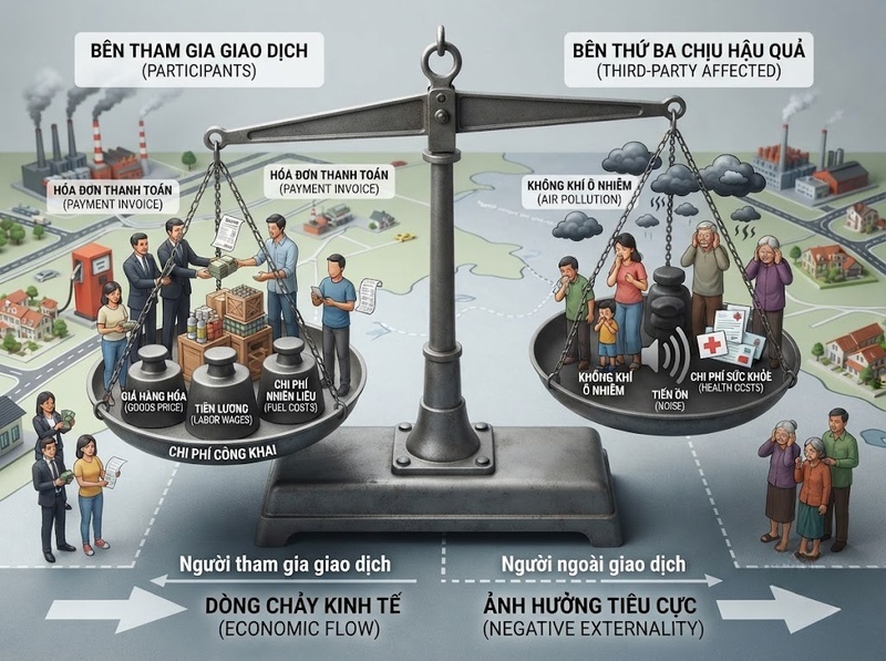 Chi phí ngoại tác và chi phí tư nhân khác nhau ở người gánh chịu thế nào?