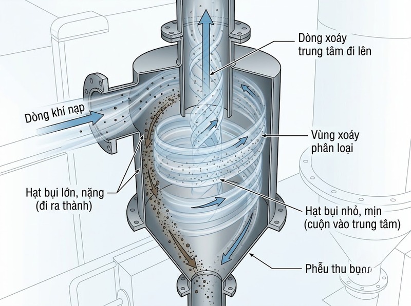 Cyclone tách bụi sử dụng dòng xoáy để tách hạt khỏi dòng khí ra sao?