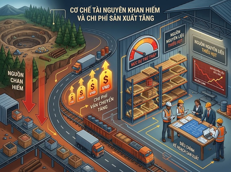 Khan hiếm tài nguyên và chi phí sản xuất tăng qua giá đầu vào bằng cách nào?