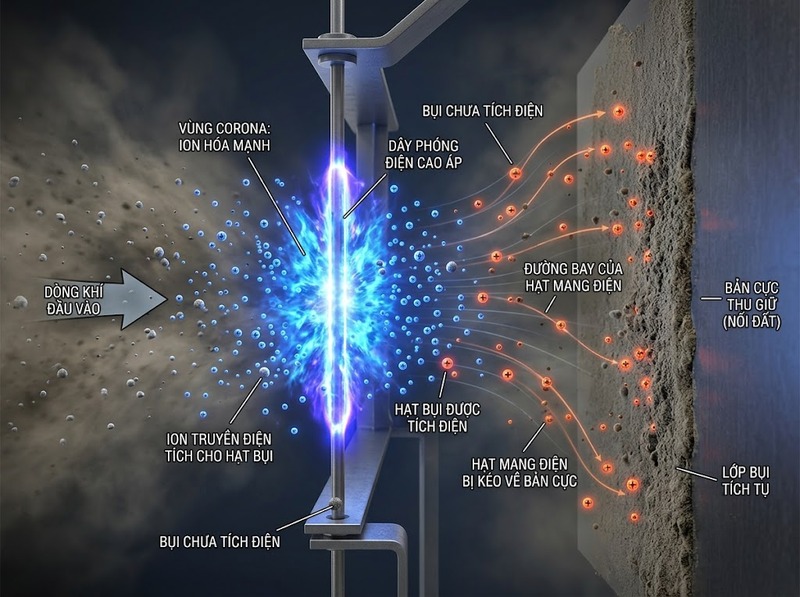 Lọc bụi tĩnh điện tích điện hạt bụi và thu chúng trên bản cực ra sao?