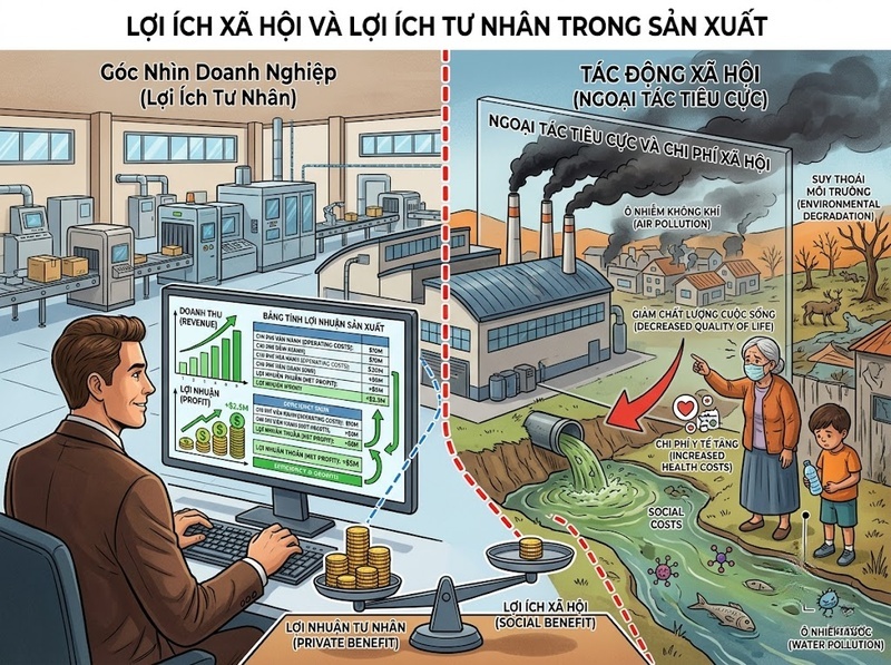 Lợi ích xã hội và lợi ích tư nhân chênh lệch thế nào khi xuất hiện ngoại tác?