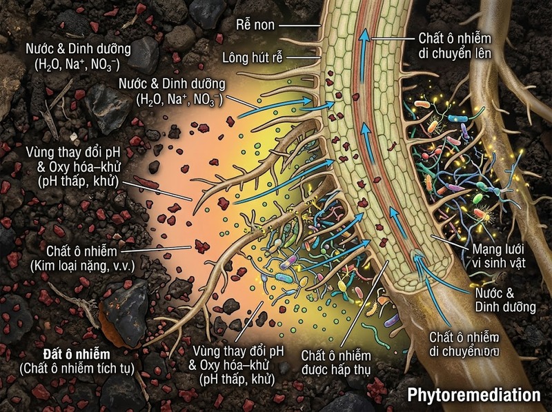 Phytoremediation dùng thực vật hấp thu, cố định hoặc phân hủy chất ô nhiễm