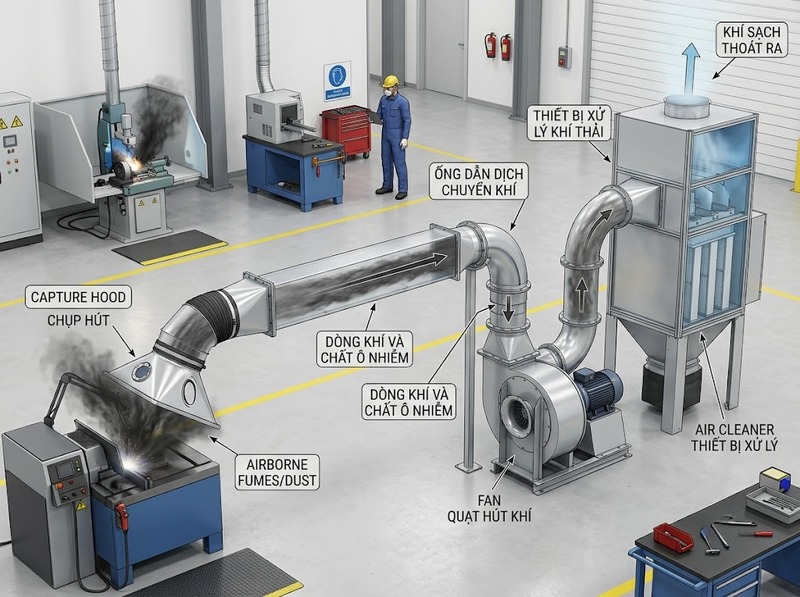 Thông gió cục bộ kiểm soát ô nhiễm bằng cách hút chất ô nhiễm gần nguồn