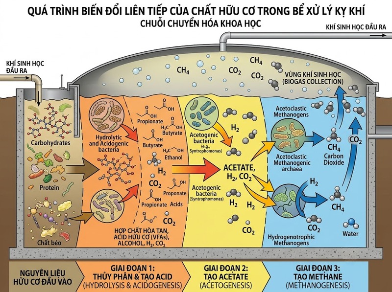 Xử lý sinh học kỵ khí phân hủy chất hữu cơ không cần oxy và tạo khí sinh học